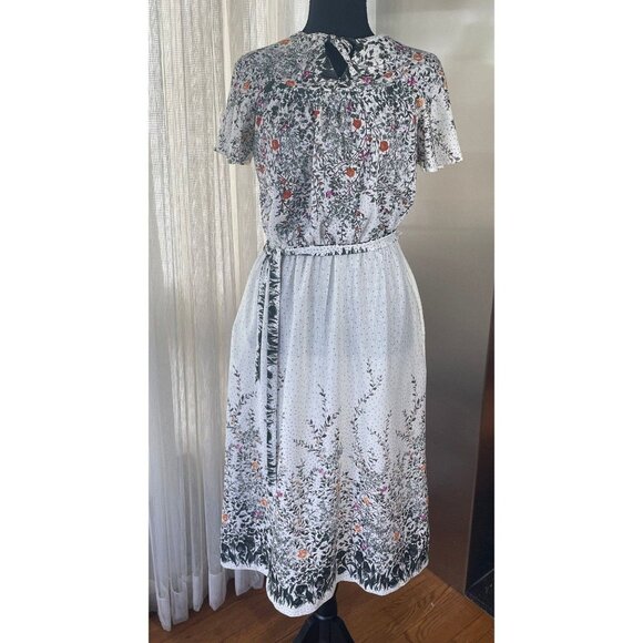 Vintage 80s summer dress, assorted belt, cream white, green red ombre floral - Picture 1 of 8